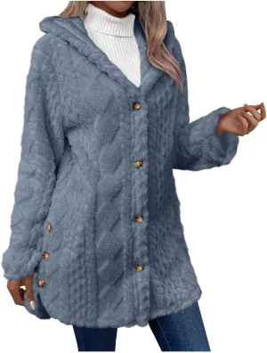 Womens Winter Fuzzy Fleece Coats Long Sleeve Button Hooded Jacket Solid Color Casual Trendy Warm Outerwear Clothes