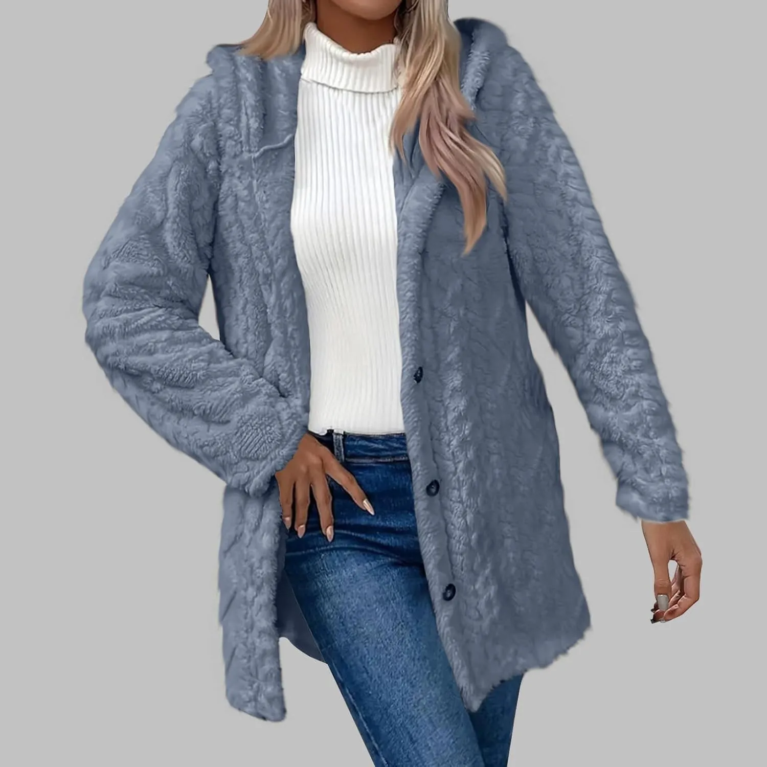 Womens Winter Fuzzy Fleece Coats Long Sleeve Button Hooded Jacket Solid Color Casual Trendy Warm Outerwear Clothes