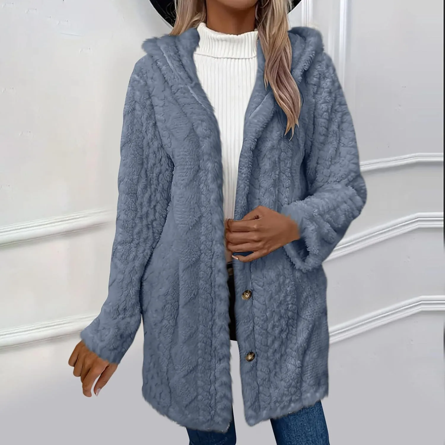 Womens Winter Fuzzy Fleece Coats Long Sleeve Button Hooded Jacket Solid Color Casual Trendy Warm Outerwear Clothes