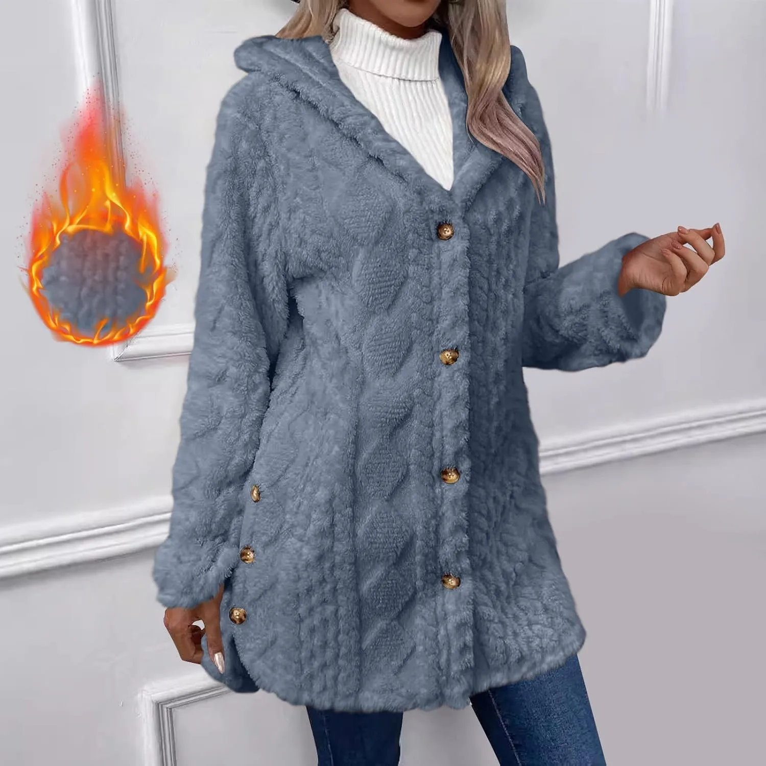 Womens Winter Fuzzy Fleece Coats Long Sleeve Button Hooded Jacket Solid Color Casual Trendy Warm Outerwear Clothes