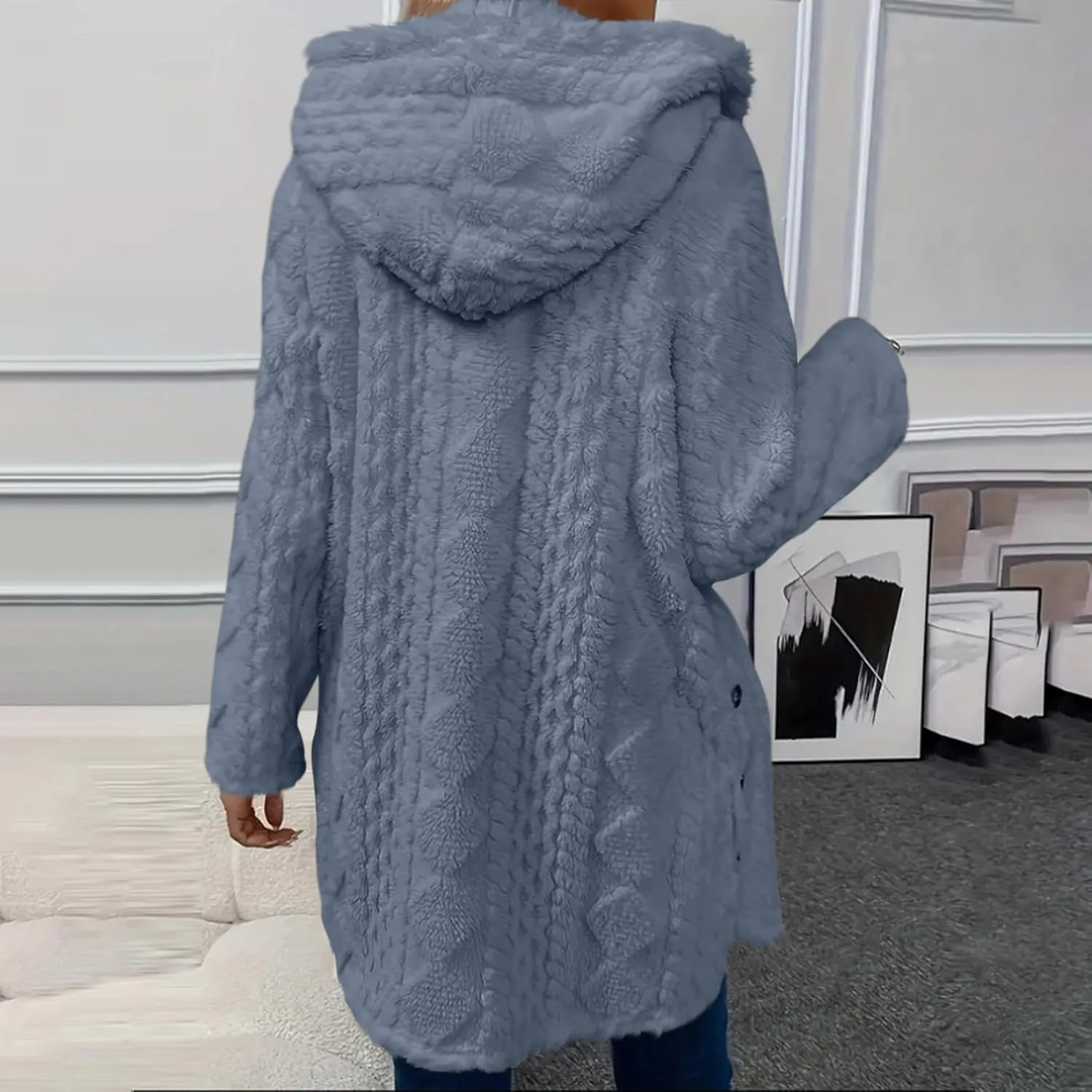 Womens Winter Fuzzy Fleece Coats Long Sleeve Button Hooded Jacket Solid Color Casual Trendy Warm Outerwear Clothes