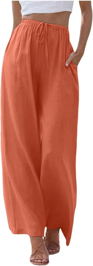 Womens Yoga Pants High Waisted Pants Drawstring Elastic Waist Straight Leg Loose Fit Trousers with Pockets