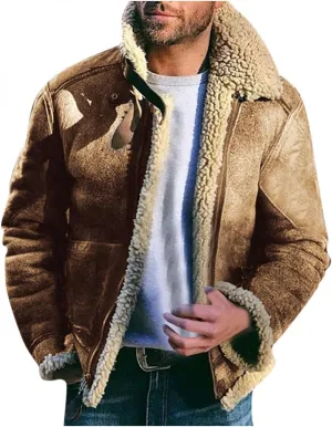 WUAI-Men Long Sleeve Sherpa Lined Suede Jackets Cardigan Open Front Zip Up Heavyweight Thermal Winter Warm Windbreakers