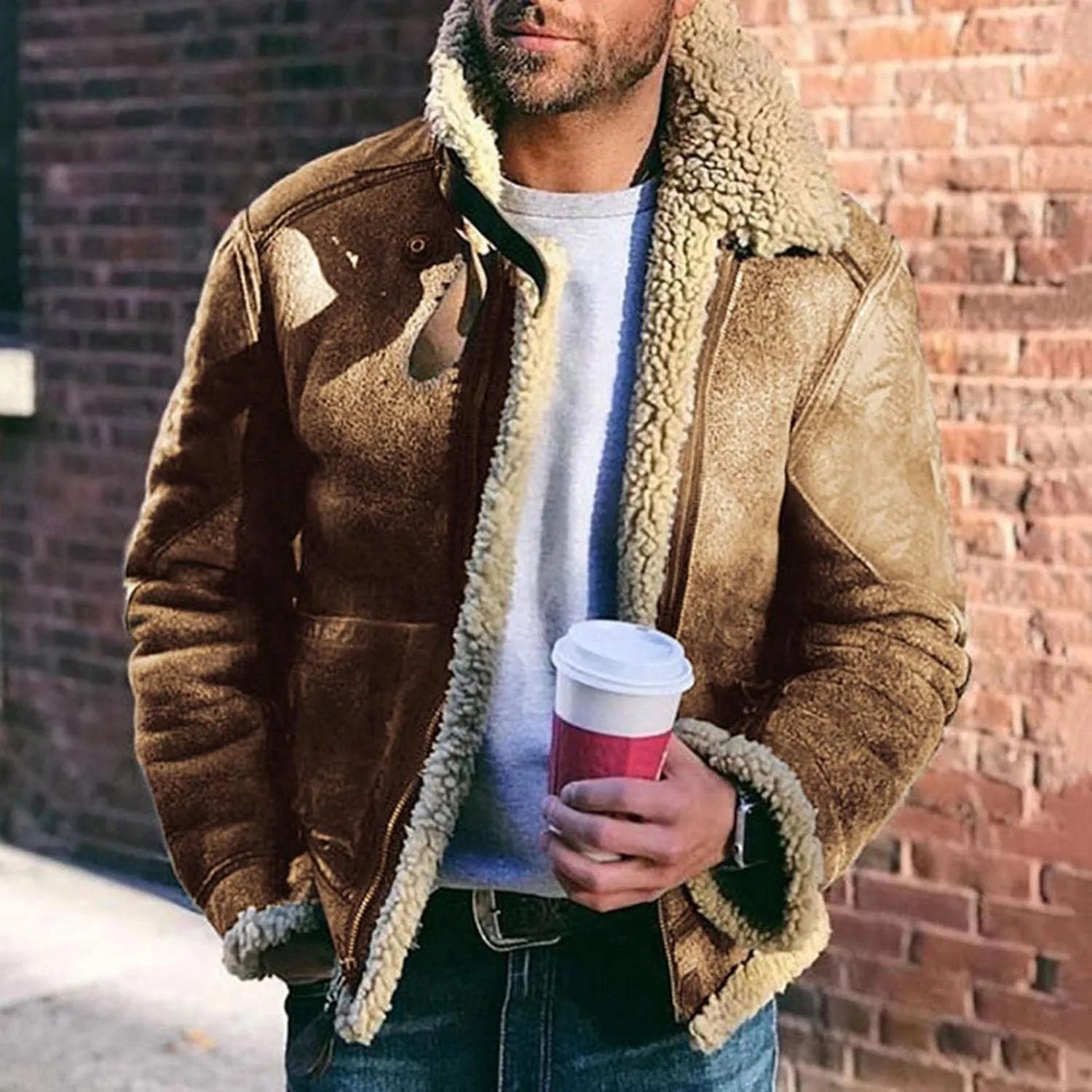 WUAI-Men Long Sleeve Sherpa Lined Suede Jackets Cardigan Open Front Zip Up Heavyweight Thermal Winter Warm Windbreakers