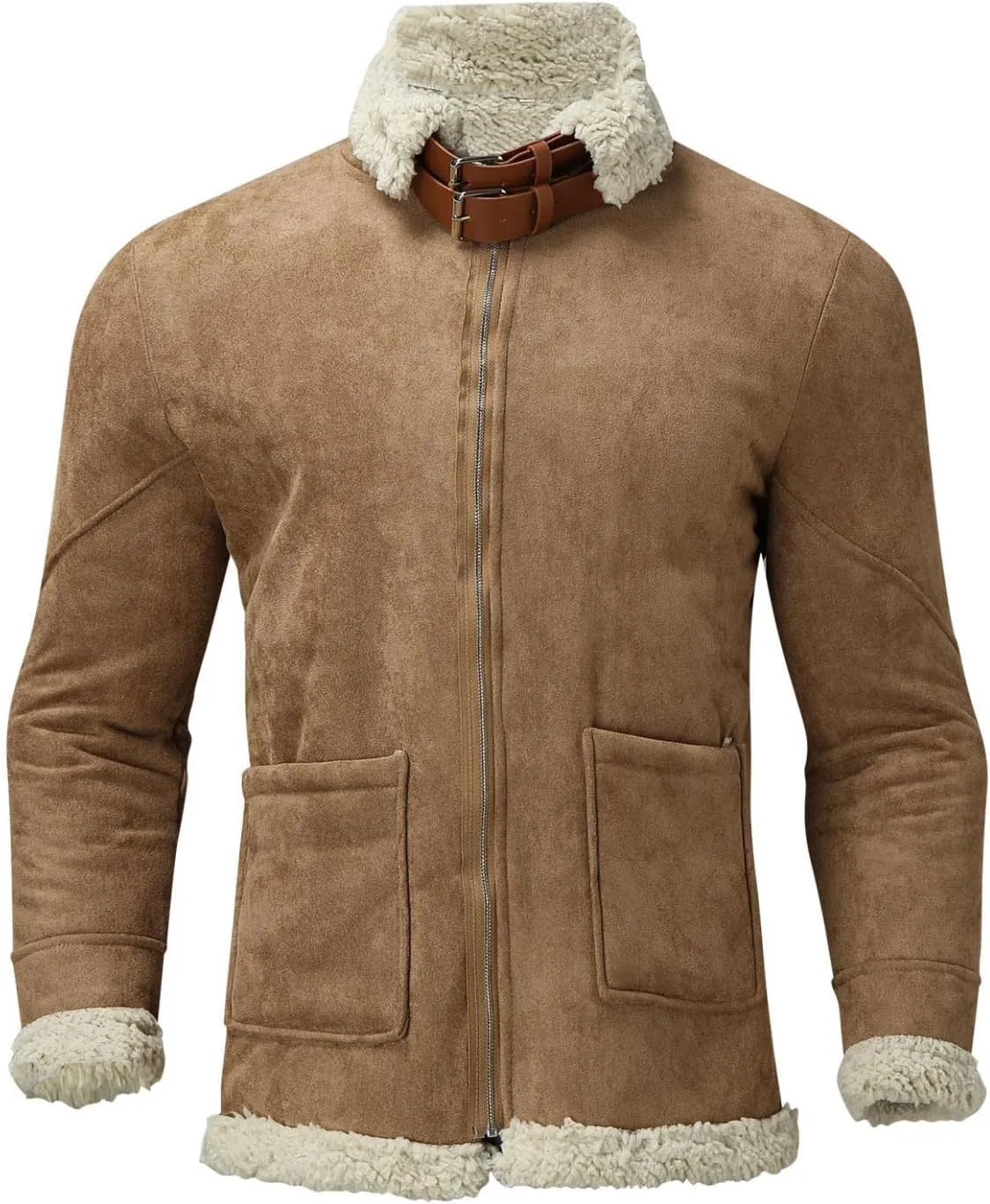 WUAI-Men Long Sleeve Sherpa Lined Suede Jackets Cardigan Open Front Zip Up Heavyweight Thermal Winter Warm Windbreakers