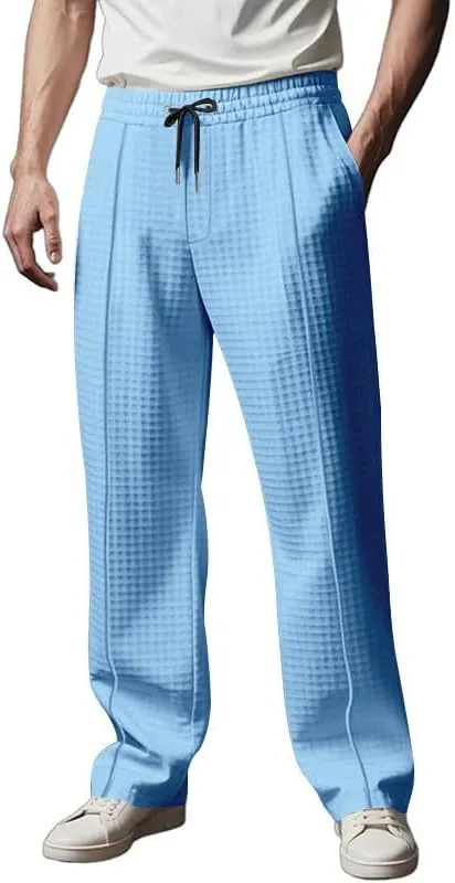 Xiaojmake Mens Casual Drawstring Pants 2025 Elastic Waist Lightweight Summer Loose Straight Waffle Work Pants with Pockets