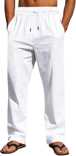 Xiaojmake Men’s Cotton Linen Pants Summer Elastic Waist Drawstring Baggy Trousers Loose Fit Beach Long Pant with Pockets