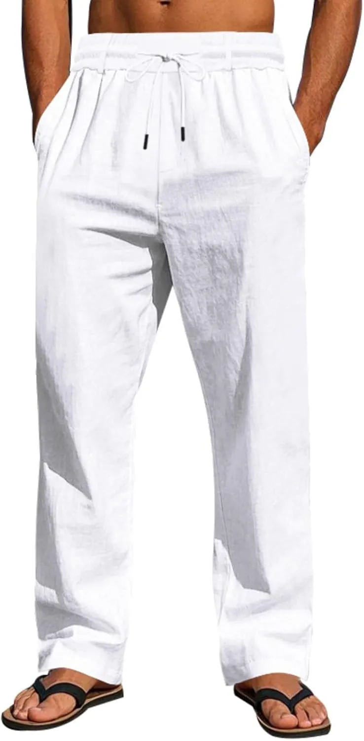 Xiaojmake Men’s Cotton Linen Pants Summer Elastic Waist Drawstring Baggy Trousers Loose Fit Beach Long Pant with Pockets