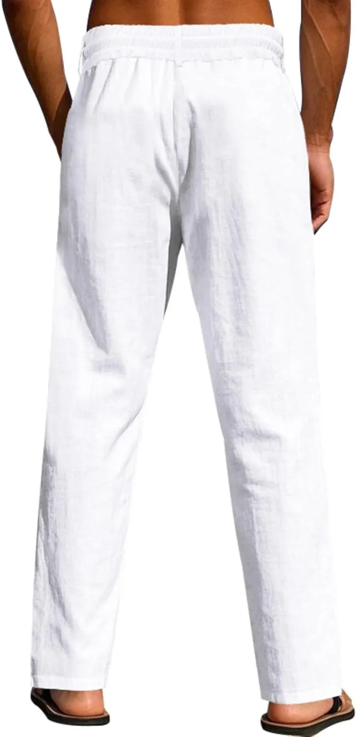 Xiaojmake Men’s Cotton Linen Pants Summer Elastic Waist Drawstring Baggy Trousers Loose Fit Beach Long Pant with Pockets