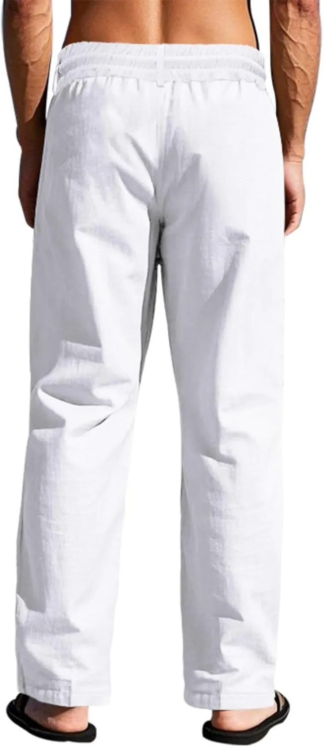 Xiaojmake Men’s Cotton Linen Pants Summer Elastic Waist Drawstring Baggy Trousers Loose Fit Beach Long Pant with Pockets