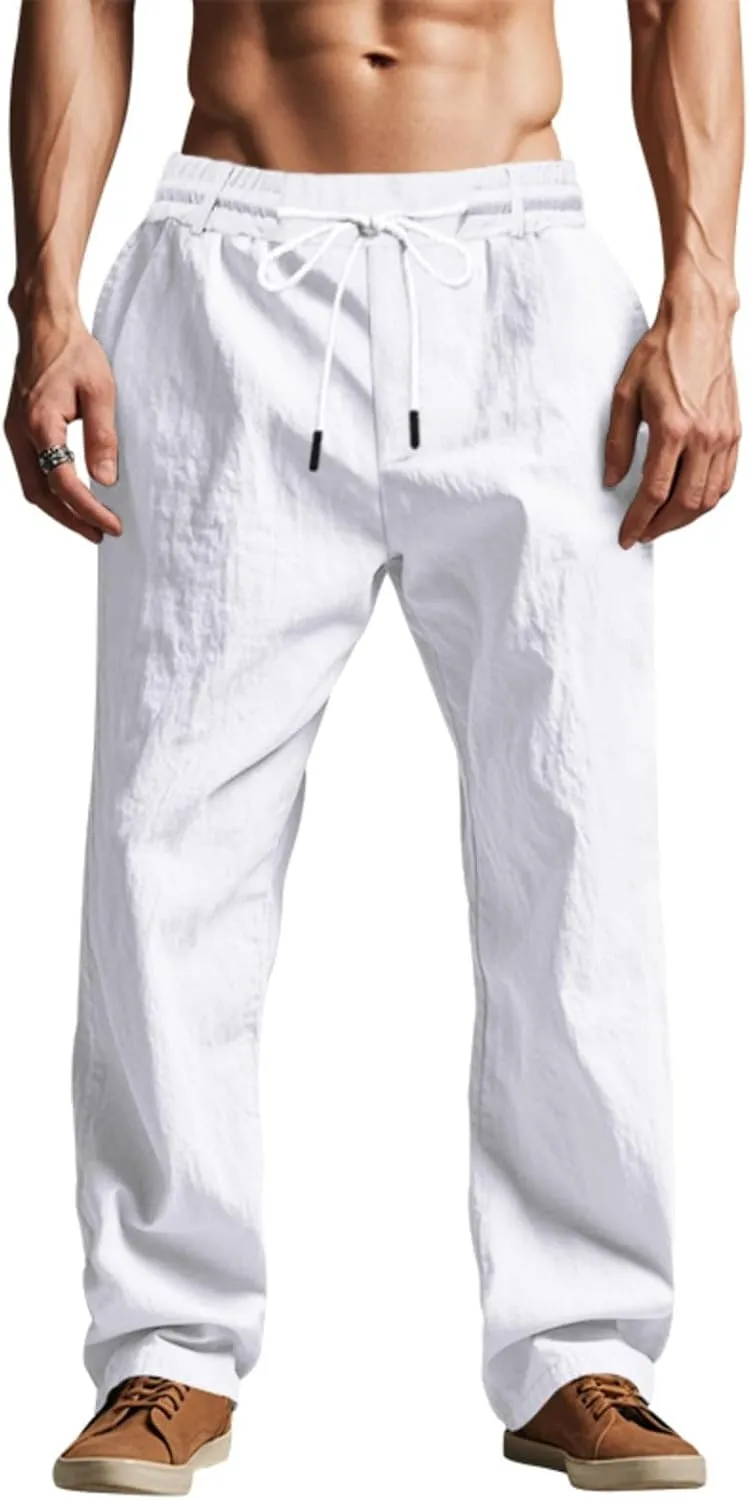 Xiaojmake Men’s Cotton Linen Pants Summer Elastic Waist Drawstring Baggy Trousers Loose Fit Beach Long Pant with Pockets