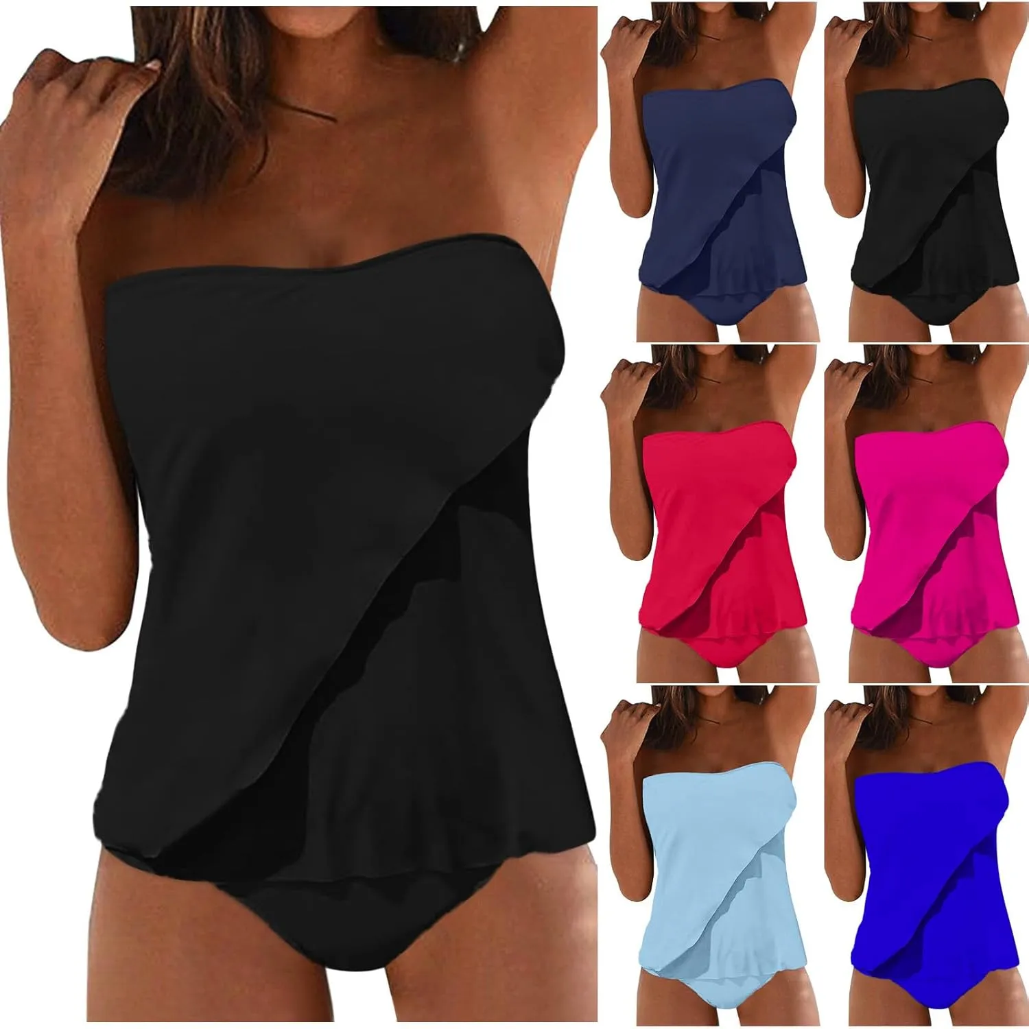 XRCQCAD Two Piece Tankini for Women Bandeau Top with Bottom Flowy Tummy Control Swimsuit Spaghetti Strap Bathing Suits