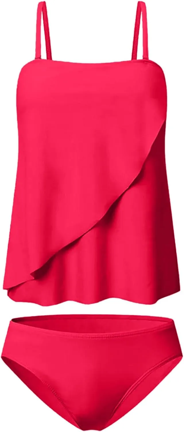 XRCQCAD Two Piece Tankini for Women Bandeau Top with Bottom Flowy Tummy Control Swimsuit Spaghetti Strap Bathing Suits