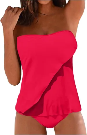 XRCQCAD Two Piece Tankini for Women Bandeau Top with Bottom Flowy Tummy Control Swimsuit Spaghetti Strap Bathing Suits