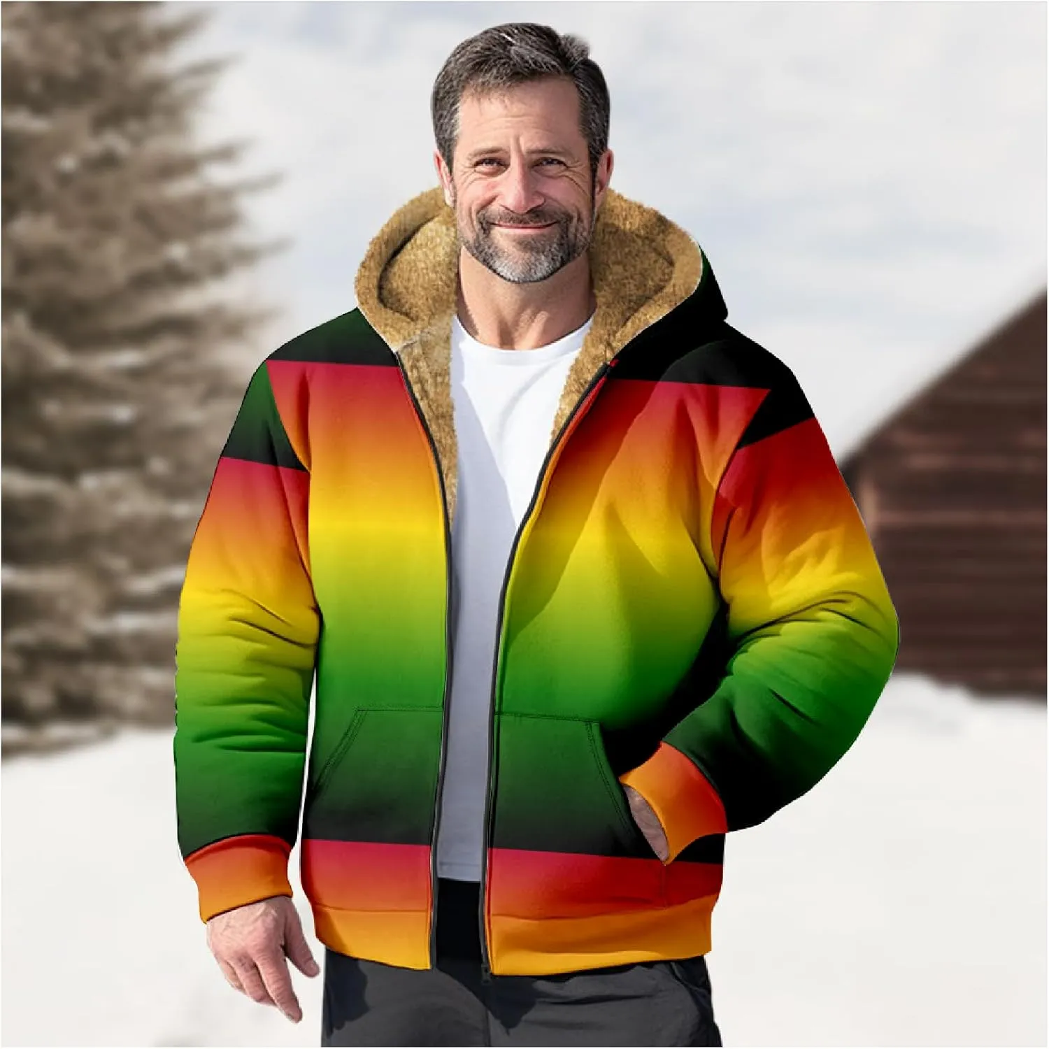 Ymosrh Men's Fleece Jacket with Hood Winter Graphic Warm Thicken Sherpa Lined Full Zip Jackets Coats, S-4XL