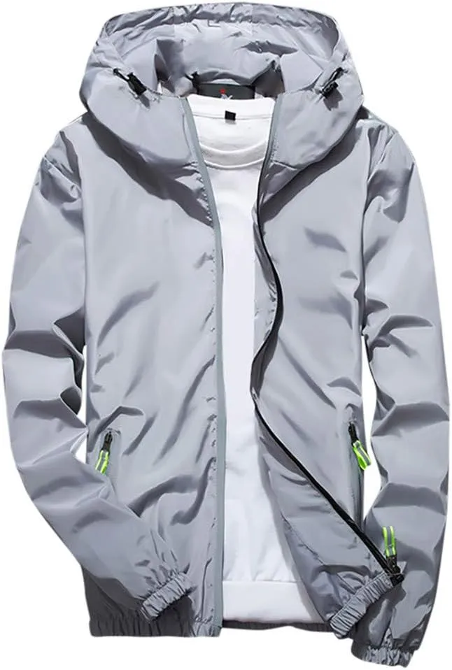 Ymosrh Men's Rain Coats Lightweight Windbreaker Casual Refleciton Zip Up Jackets with Hood Winter Jackets, M-7XL