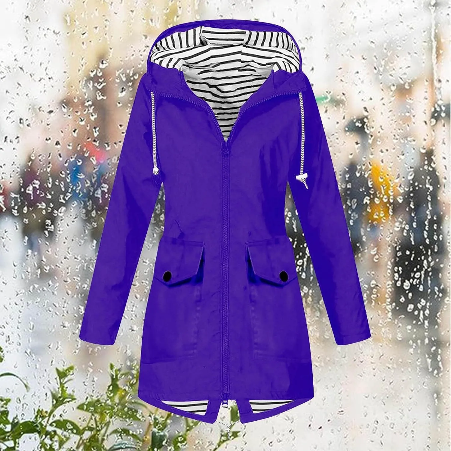 ZEFOTIM Womens Rain Jacket with Hood Waterproof Light Weight Casual Raincoat with Pockets Zip Up Hiking Jackets Clothes